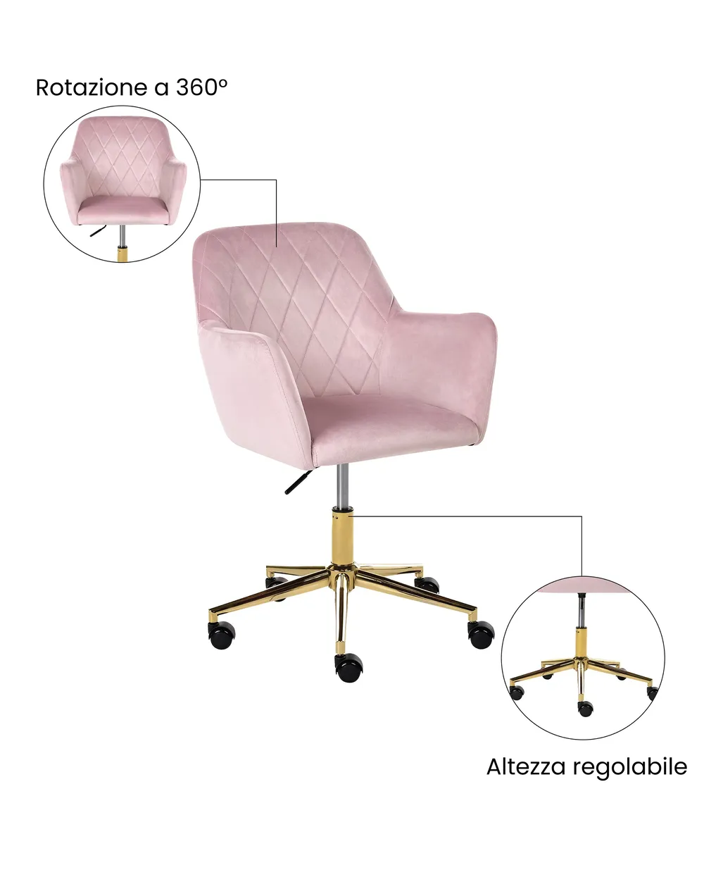Sedia da scrivania LELORIA Velluto Rosa pastello_1065432