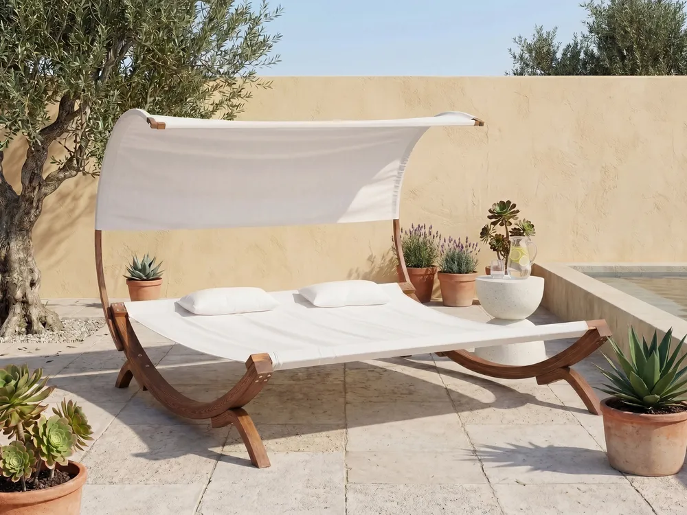 Sun Lounger with Cushion TERAMO Larch Wood Off-White_1087373