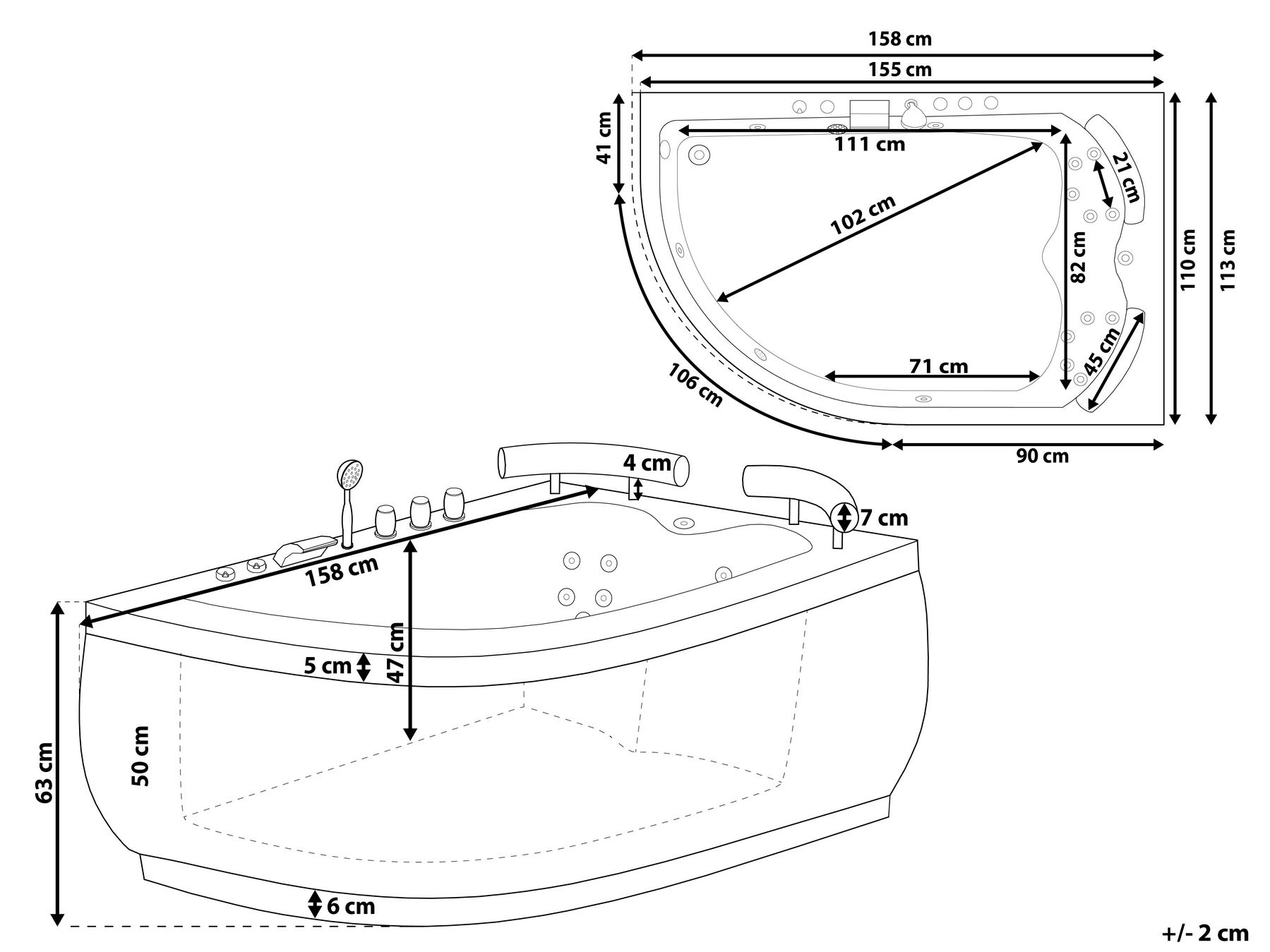 Corner Hot Tub with LED PARADISO 1580 x 1130 mm Black Left Hand_782978
