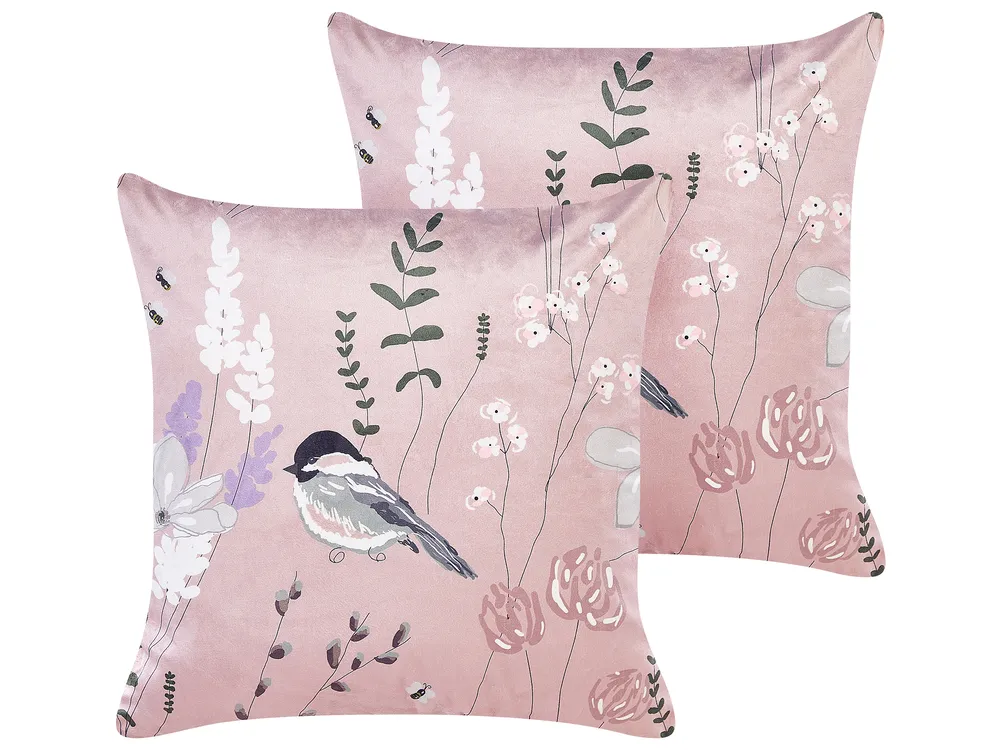 Set of 2 Decorative Cushions CYCLAMEN 45 x 45 cm Velvet Pastel Pink Floral Pattern