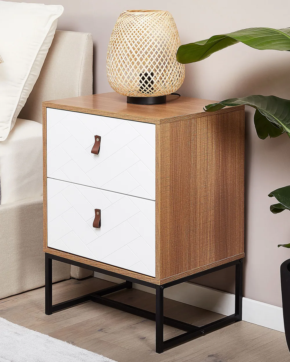 Relaxdays Model 1003 Comodino Stile Nordico Bianco E Bambù | 2 Ripiani E Cassetto