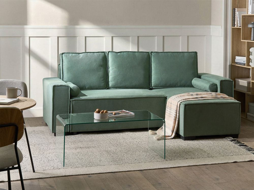 Corner Sofa Bed 3 Seater EDANE with Storage Fabric Light Green Left Hand