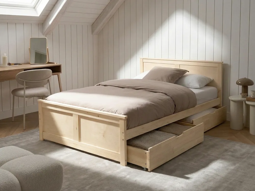 Bed with 2 Drawers DAUPHIN Pine Wood Light Brown 120 x 200 cm (EU Small Double)_1059802