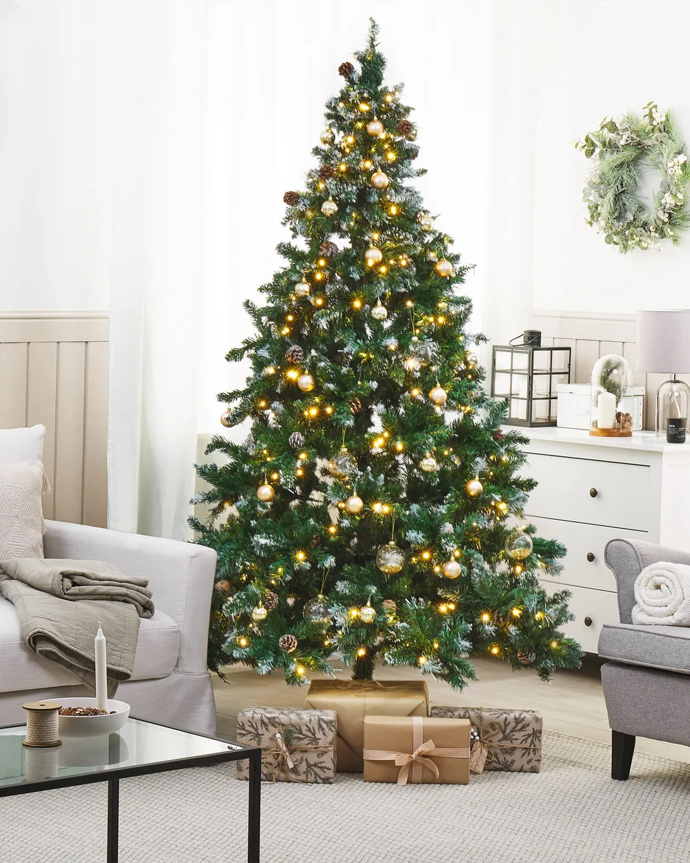 Sapin De Noël Artificiel 210 Cm Avec LED - 1076 Branches Réglables, 320 Lumières Colorées, 12 Modes, PE+PVC, Support Métal Pliable