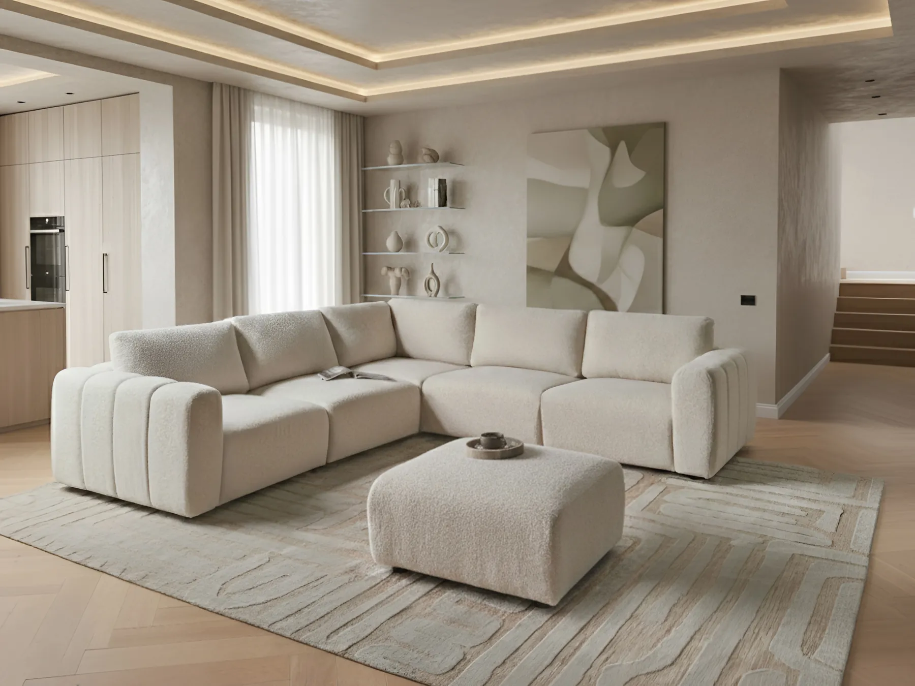 Modular Corner Sofa 5 Seater KIVVIK with Ottoman Boucle Off-White Right Hand_1045756