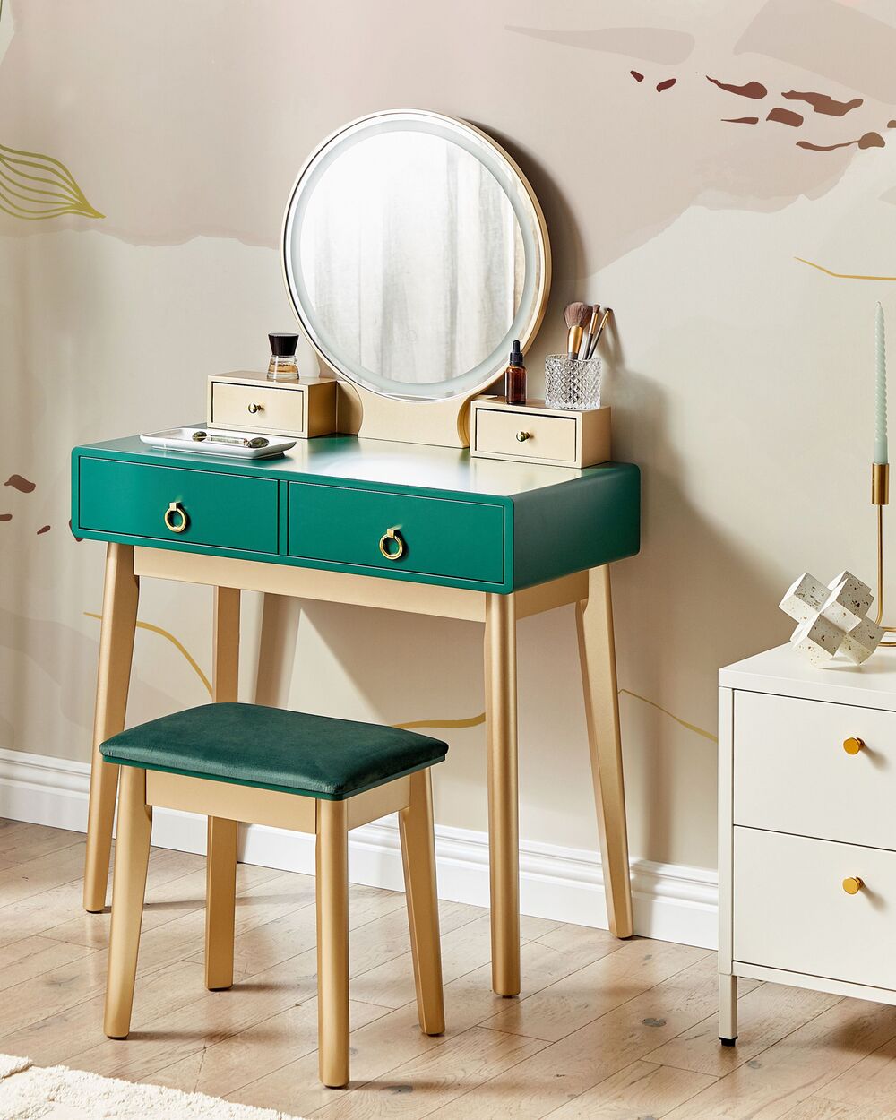 4 Drawers Dressing Table with LED Mirror and Stool Green and Gold FEDRY Beliani.no