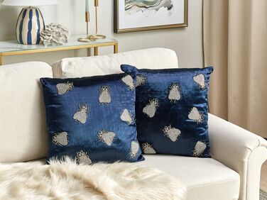 Set of 2 Embroidered Velvet Cushions Flies Motif 45 x 45 cm Navy Blue PENTAS