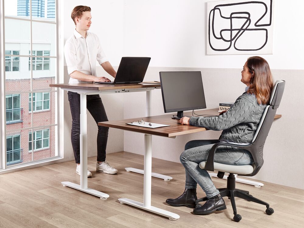 Adjustable Standing Desk 160 x 72 cm Dark Wood and White DESTINAS Beliani