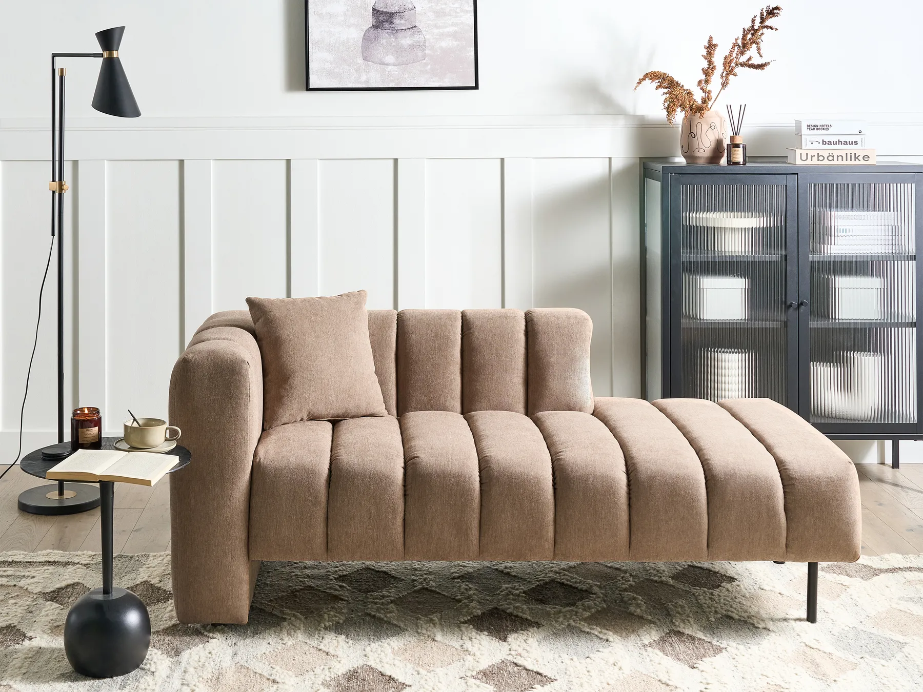Left-Hand Chaise Longue LANNILS Fabric Light Brown_941973