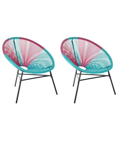 Conjunto de 2 sillas de balcón de ratán azul turquesa/rosa/negro ACAPULCO