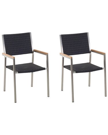 Conjunto de 2 sillas de jardín de ratán/acero negro/plateado GROSSETO