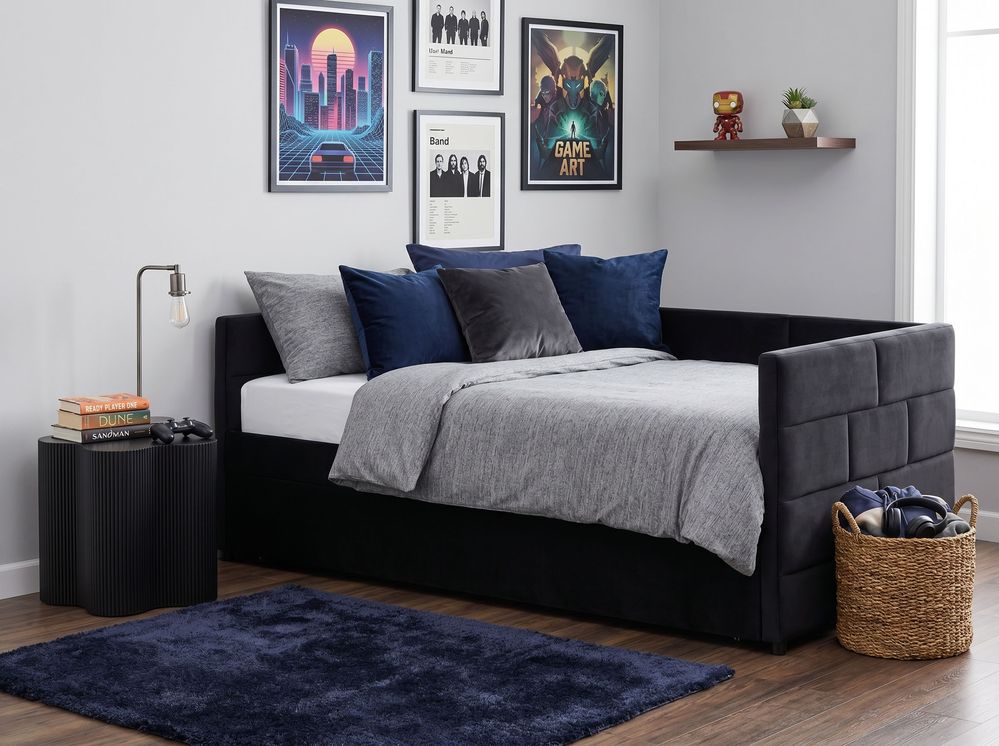 Łóżko dzienne z szufladami MARRAY Welur Czarny 90 x 200 cm