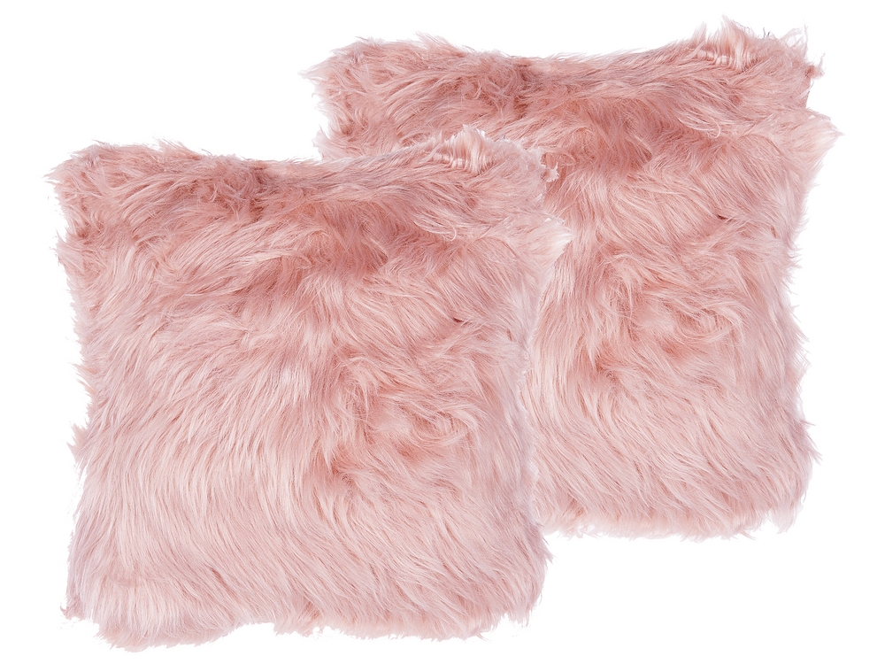 Set of 2 Faux Fur Cushions 42 x 42 cm Pink LUBHA Beliani