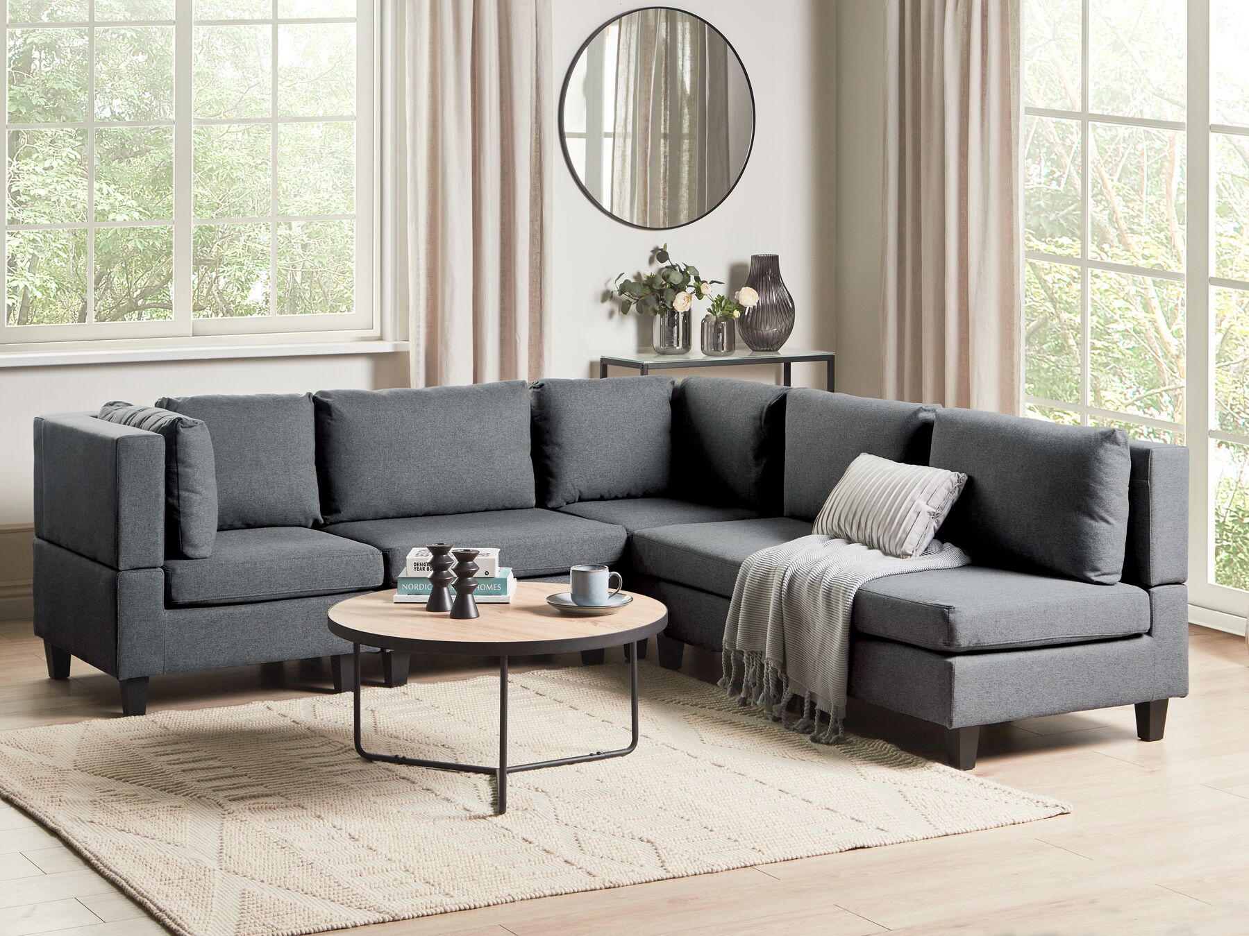 5 Seater Right Hand Modular Fabric Corner Sofa Dark Grey UNSTAD_924639