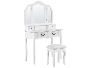  Toalettbord 4 lådor fällbar spegel och pall vit FLEUR