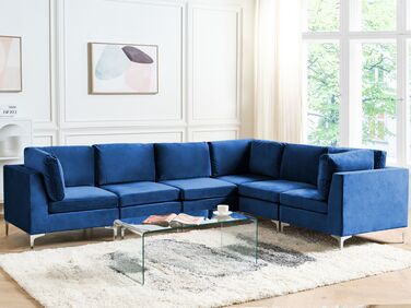 Left Hand 6 Seater Modular Velvet Corner Sofa Blue EVJA