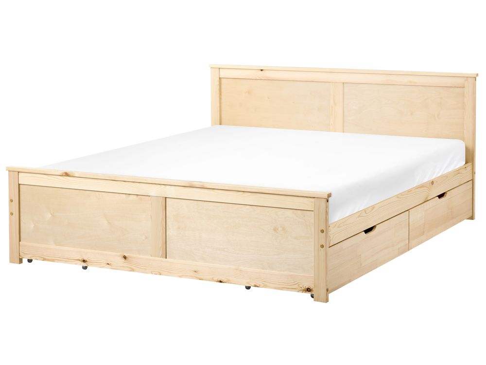 Bed with 4 Drawers DAUPHIN Pine Wood Light Brown 160 x 200 cm (EU King Size)