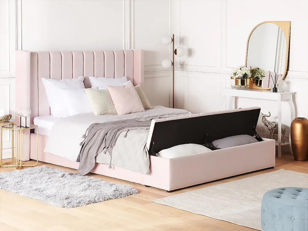 Bett mit Stauraumbank NOYERS Samtstoff Pastellrosa 180 x 200 cm_1177416