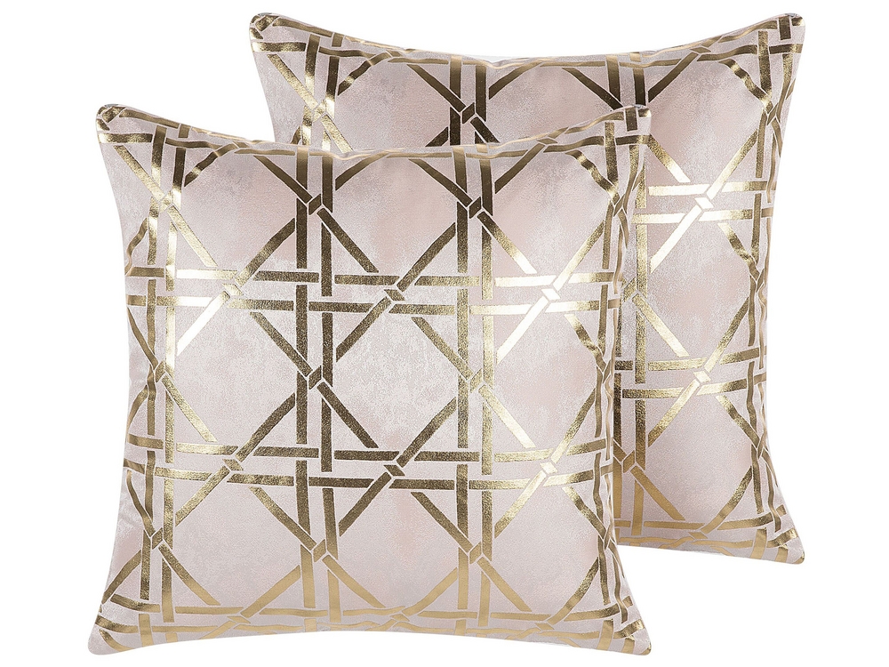 Set of 2 Cushions Geometric Pattern 45 x 45 cm Pink with Gold CASSIA Beliani