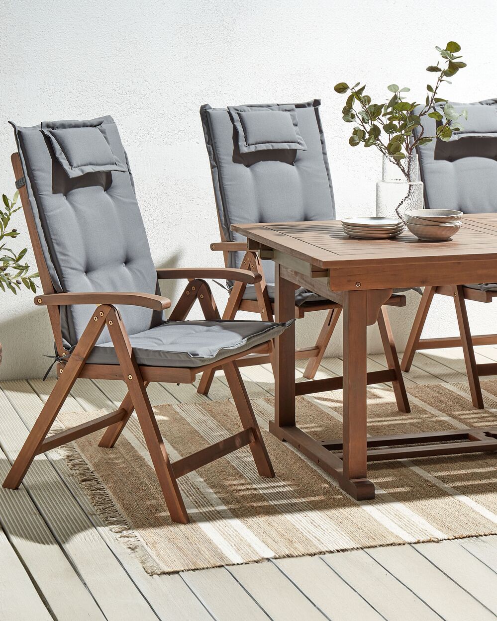Set of 6 Acacia Wood Garden Folding Chairs Dark Wood with Grey Cushions AMANTEA Beliani