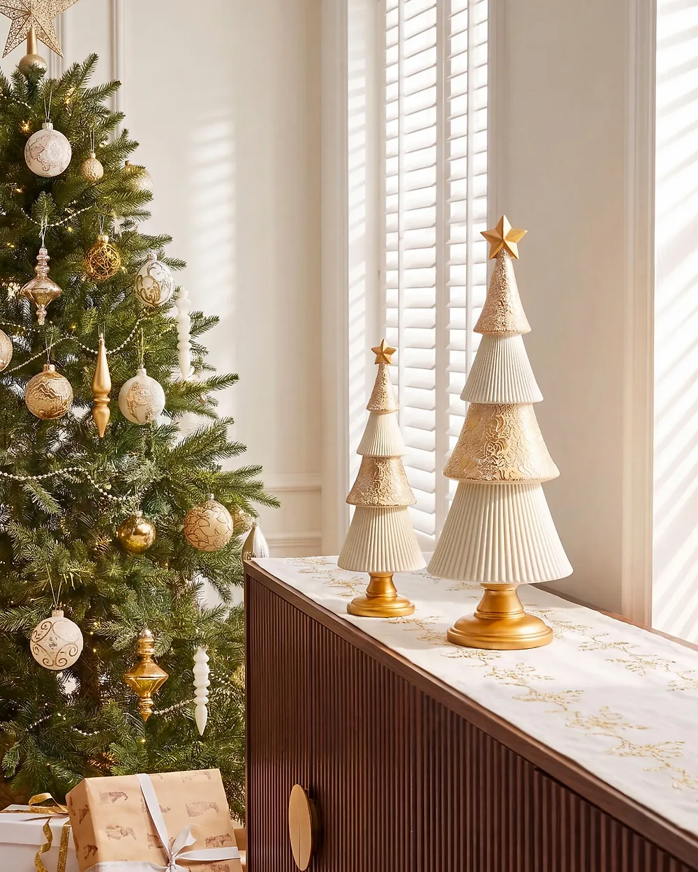 Weihnachtsdekoration 2er Set ASPO 32/41 cm Weihnachtsbaum Cremeweiss / Gold