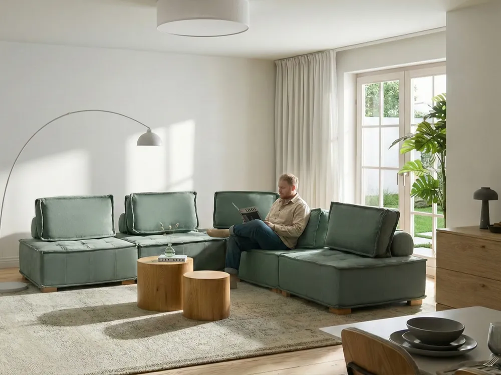 Modular Corner Sofa 5 Seater TIBRO Fabric Light Green Left Hand_1057803