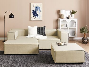 Right Hand 2 Seater Modular Linen Corner Sofa with Ottoman Beige APRICA