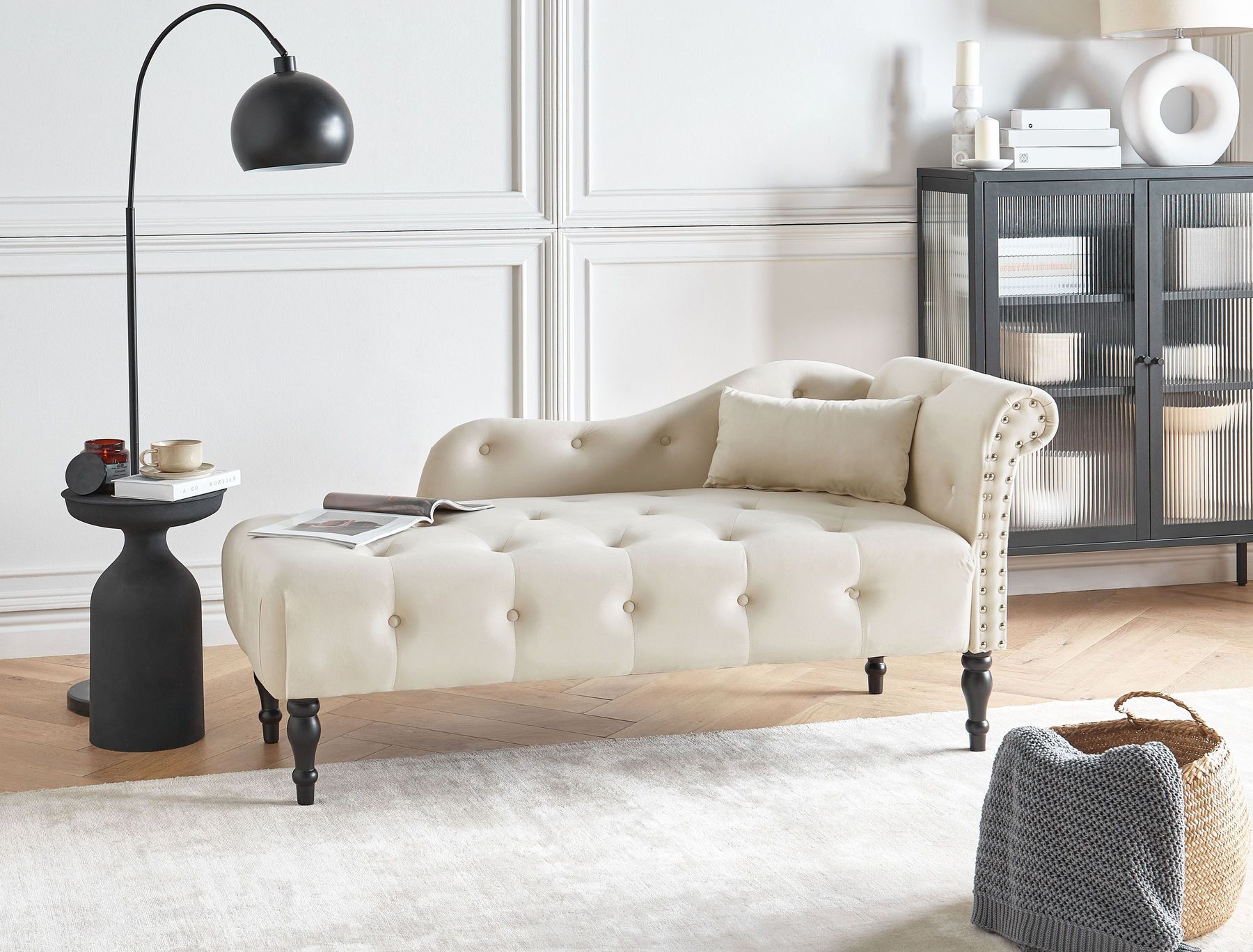 Szezlong welurowy prawostronny jasnobeżowy IVRY_1000686