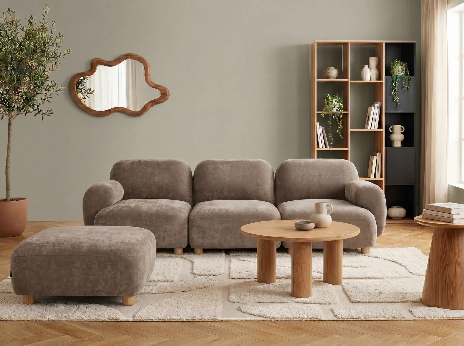 Modular Sofa 3 Seater AMLI with Ottoman Fabric Beige_1070323