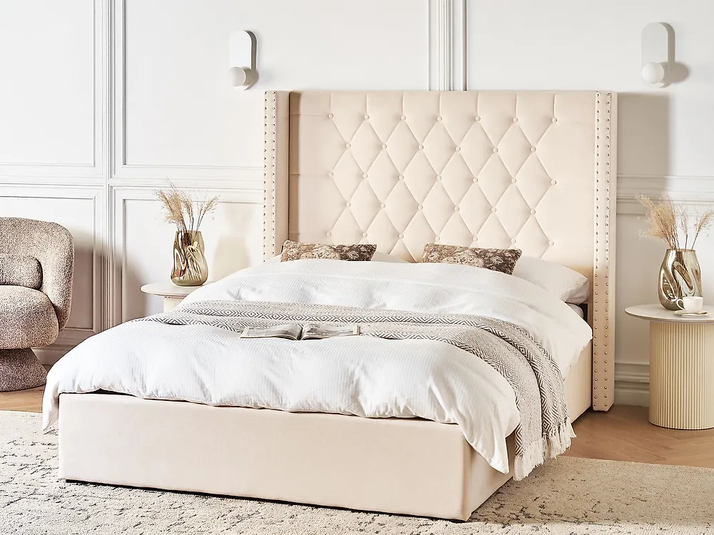 Ottoman Bed LUBBON Velvet Off-White 140 x 200 cm (EU Double)_1183488