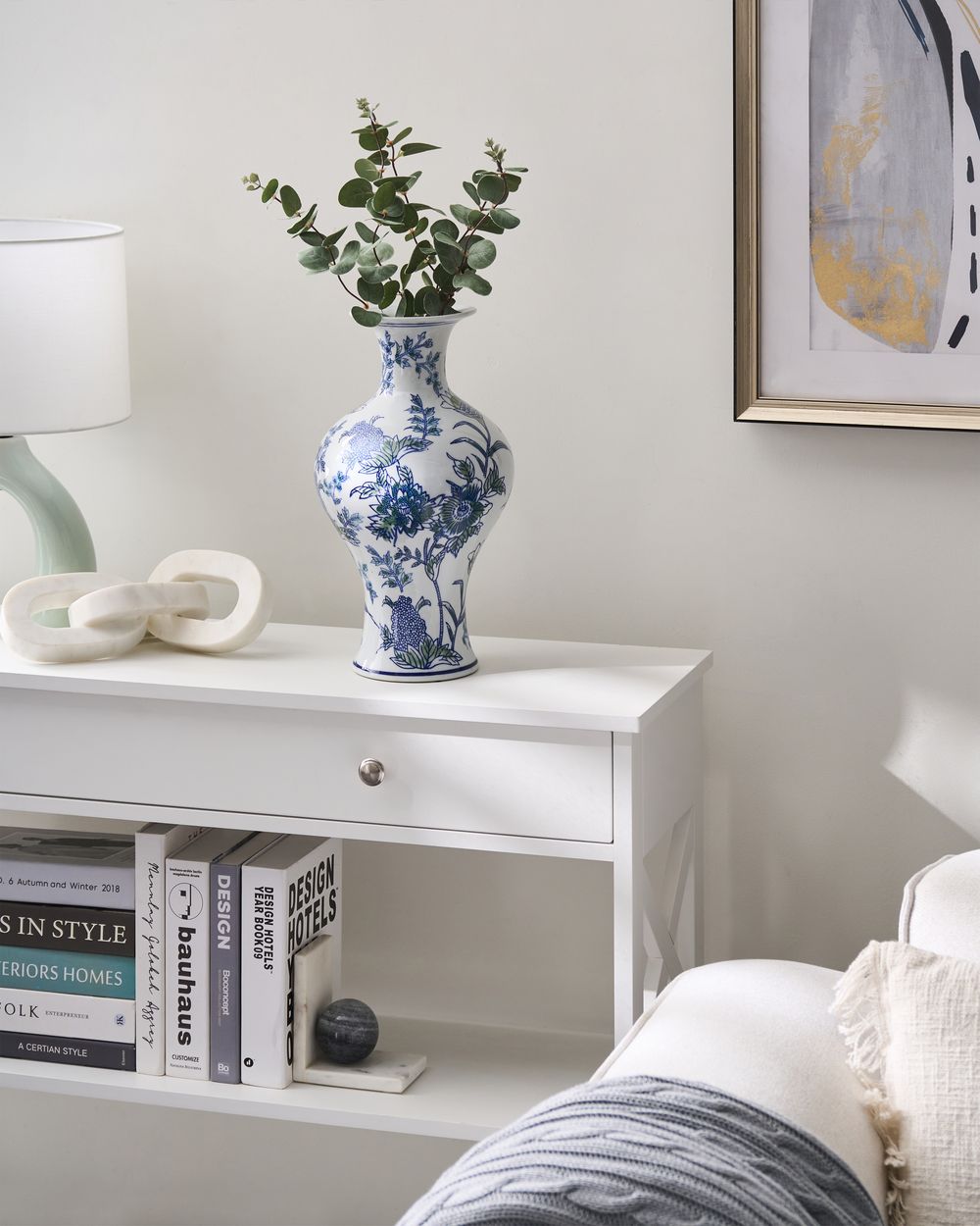 Blumenvase BERGA 36 cm Porzellan Weiss / Blau