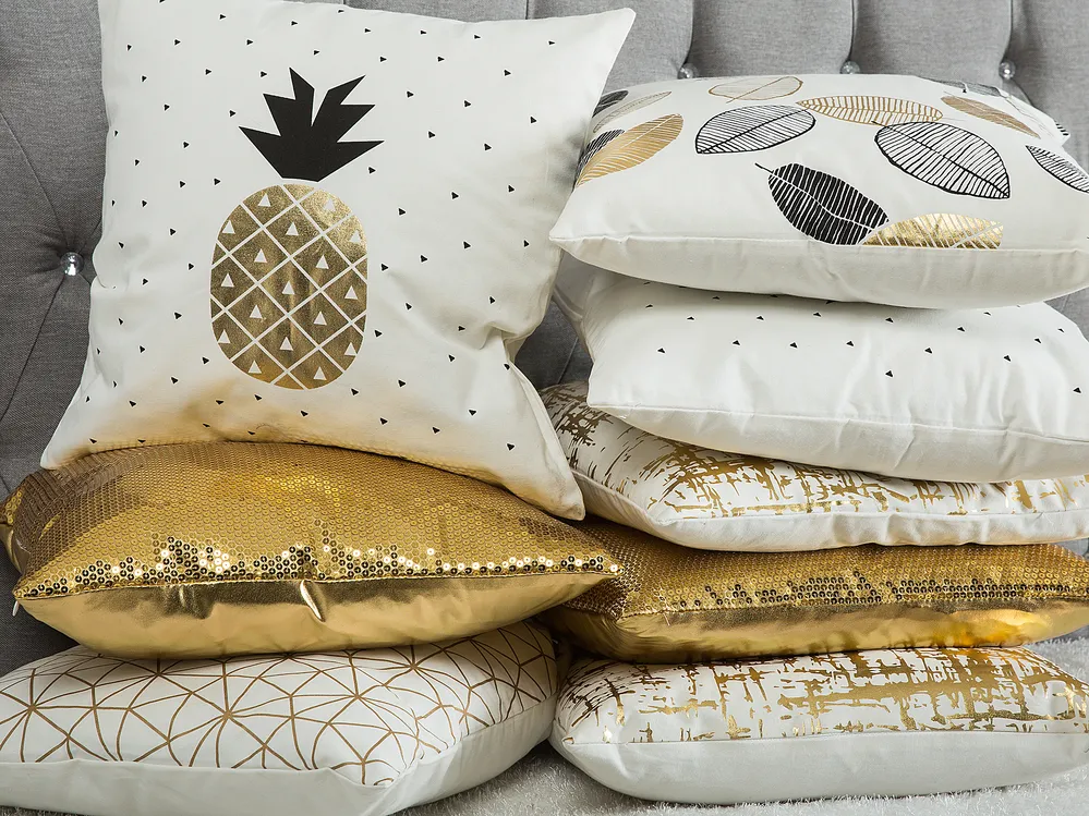 Set of 2 Decorative Cushions LOTUS 45 x 45 cm Cotton White Gold Black Plant Pattern
