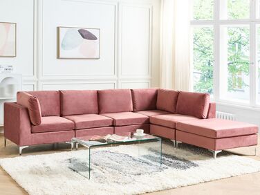 Left Hand 5 Seater Modular Velvet Corner Sofa with Ottoman Pink EVJA