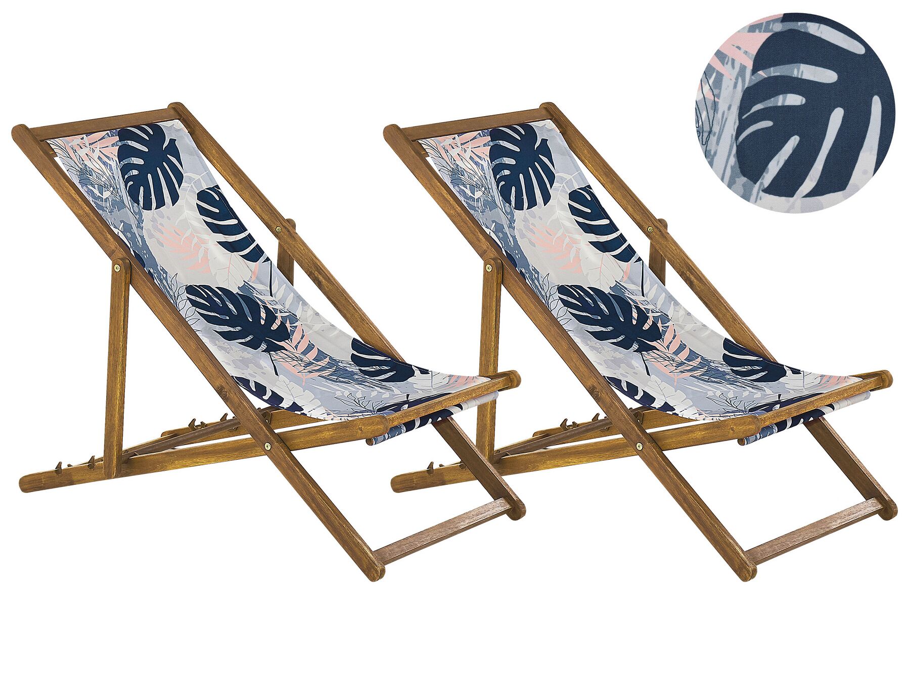 Set med 2 hopfällbara solstolar i akaciaträ och 2 ersättningstyger ljust trä/off-white/blå palmbladsmönster ANZIO_819585