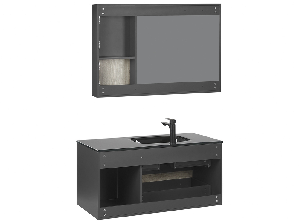 Bathroom Vanity Set with Mirrored Cabinet 100 cm Light Wood and Black TERUEL Beliani