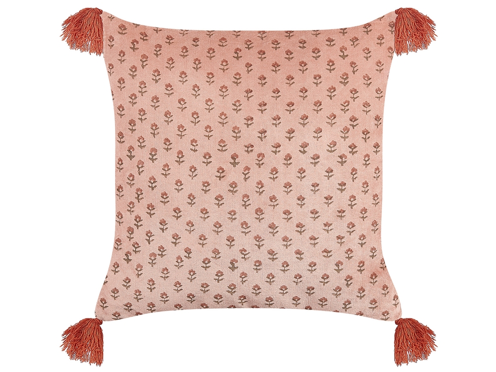 Velvet Cushion Floral Motif with Tassels 45 x 45 cm Pink RUMHORA Beliani