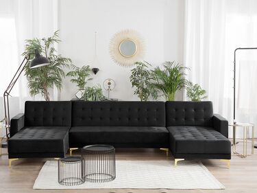 5 Seater U-Shaped Modular Velvet Sofa Black ABERDEEN