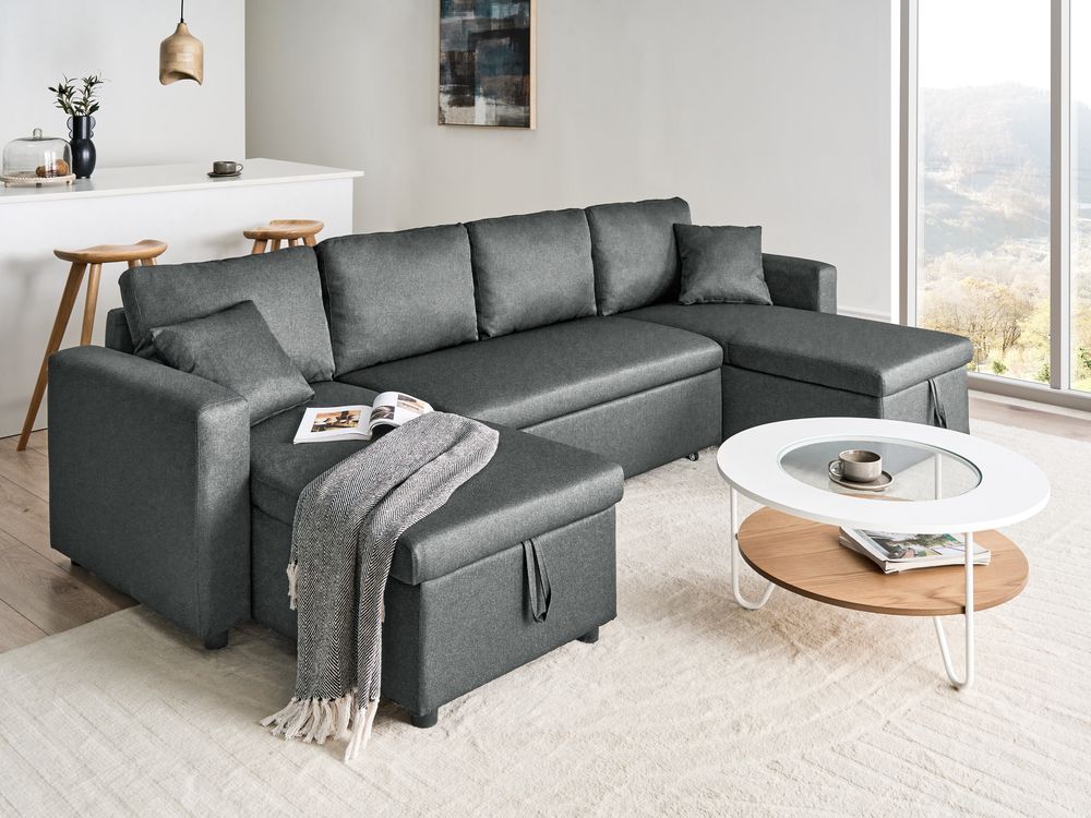 Canapé-lit en forme de U 5 places SOMMEN avec rangement Tissu Gris foncé