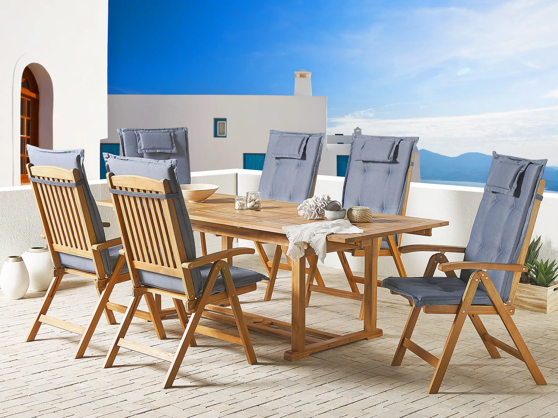 Set da pranzo da giardino 6 posti JAVA con cuscini Legno d'acacia Blu_788428