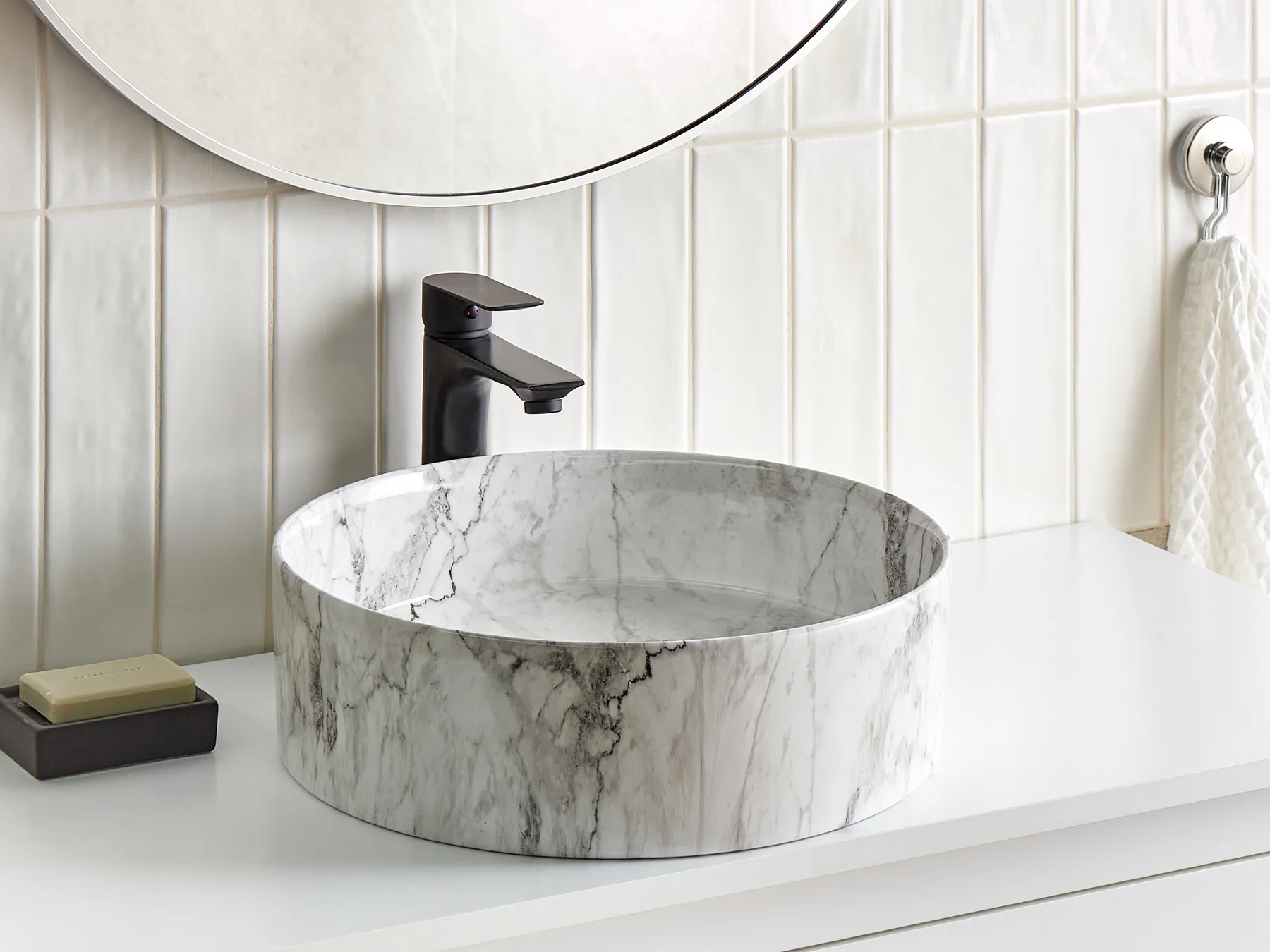 Countertop Basin MANIS ⌀ 400 mm Ceramic White Marble_923404