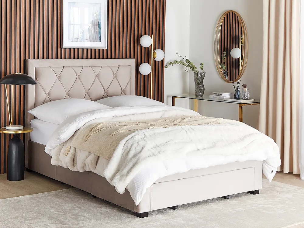 Bett mit Schubladen LIEVIN Samtstoff Beige 140 x 200 cm_858021