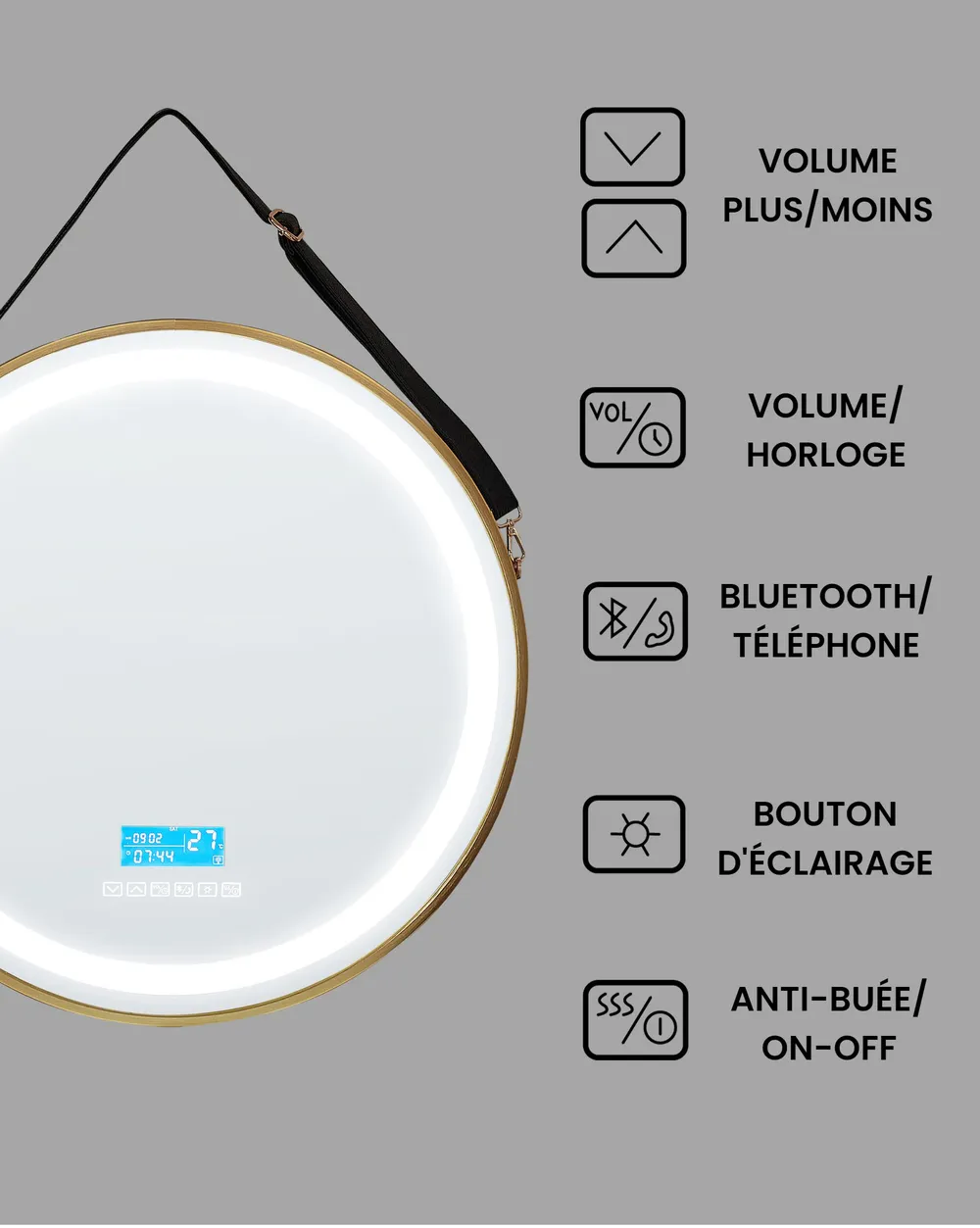 Miroir de salle de bain LED DAROIS 60 cm 60 cm Avec haut-parleur Bluetooth intégré Doré_940504