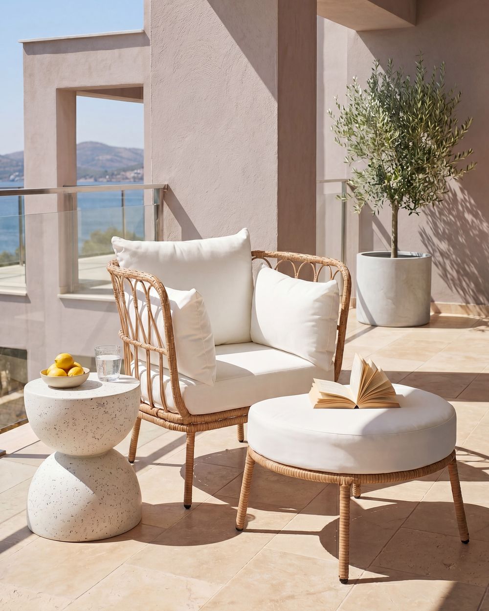 Garden Armchair FONNI with Footstool PE Rattan Light Brown
