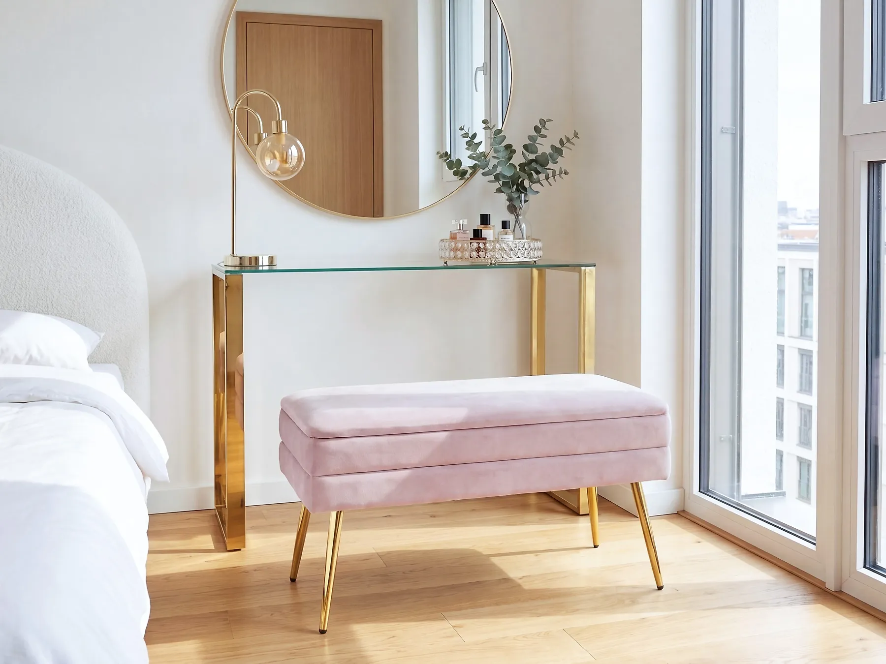 Banco tapizado con almacenaje DURHAM Terciopelo Rosa_1185964