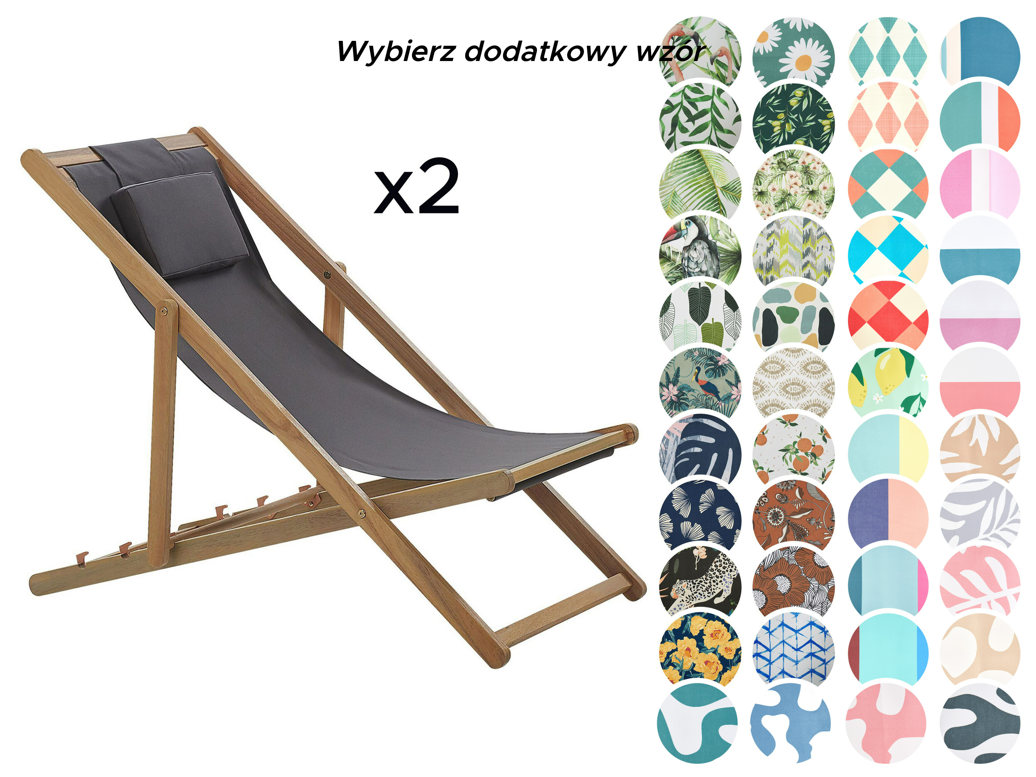 Zestaw 2 leżaków ogrodowych składanych AVELLINO z zestawem wymiennych tkanin Drewno akacjowe Ciemnobrązowy_860251