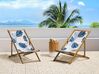 Set of 2 Acacia Folding Deck Chairs and 2 Replacement Fabrics Light Wood with Off-White / Blue Palm Leaves Pattern ANZIO_819585