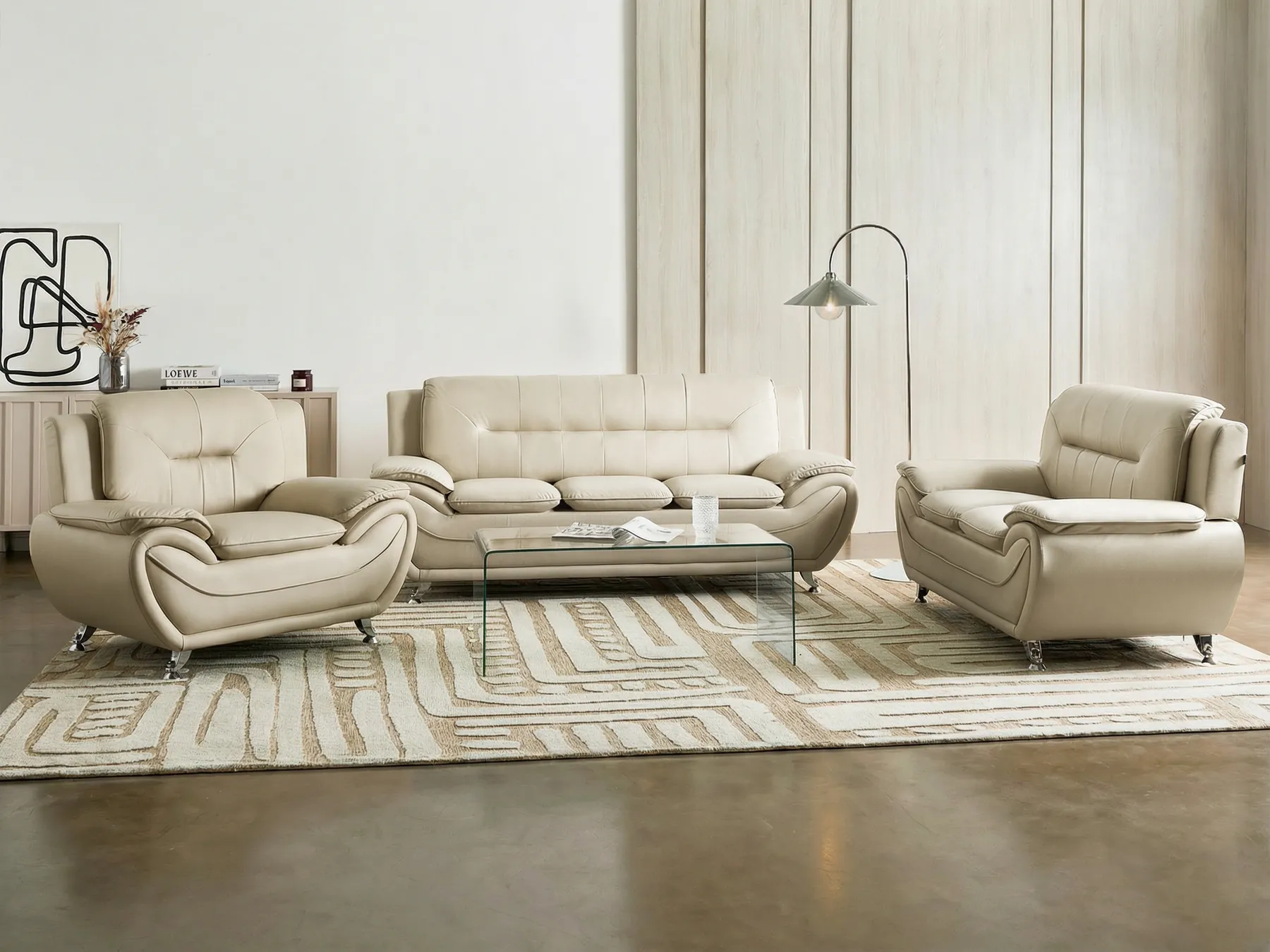 Living Room Set 6 Seater LEIRA Faux Leather Beige_1058759