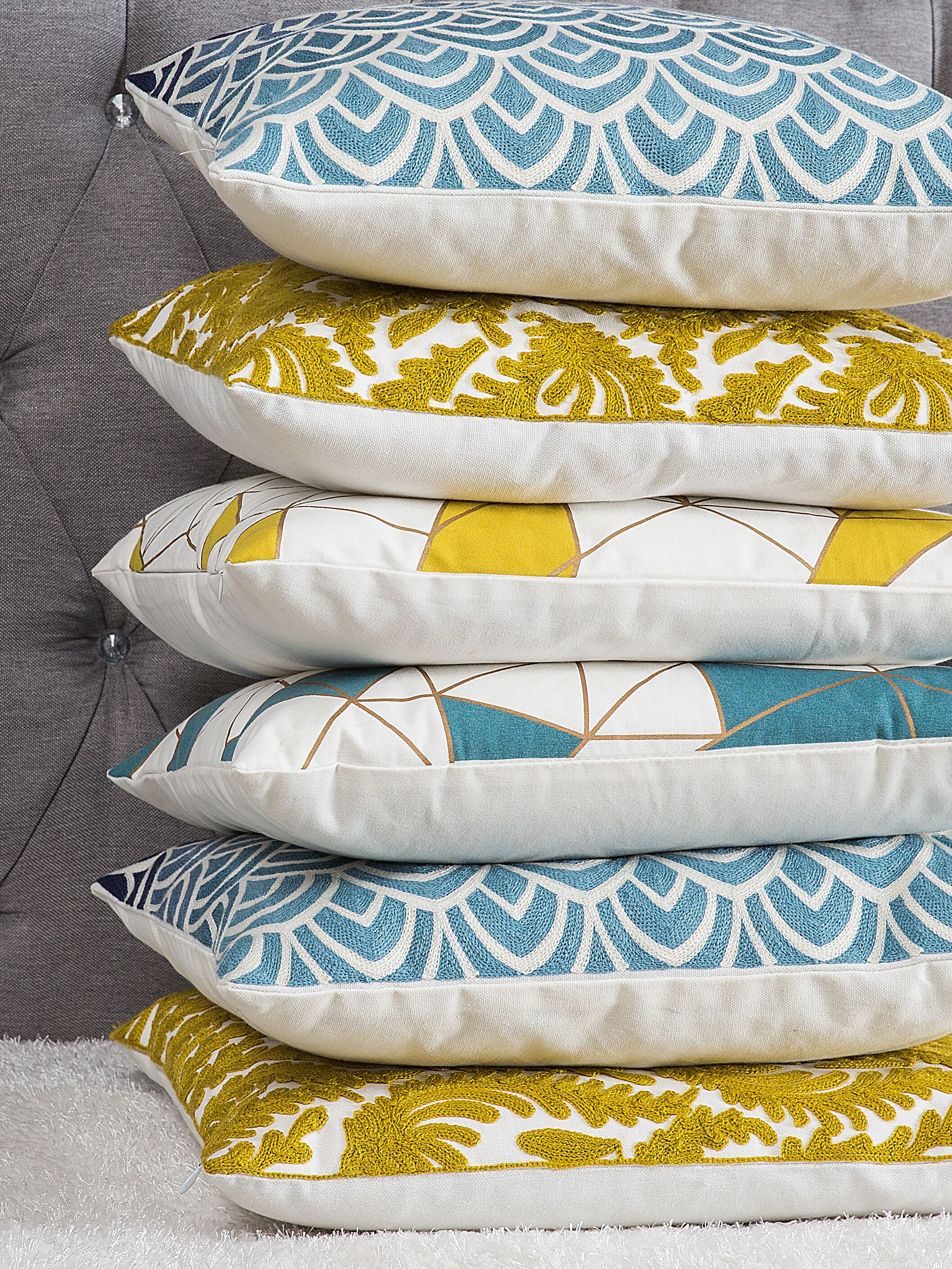 Patterns Cushion Rug Set of 2 Decorative Cushions CLARKIA Cotton 45 x 45 cm Blue Geometric ...