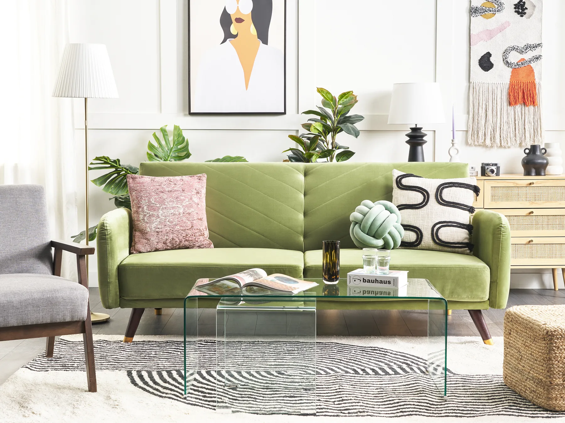 Sofa Bed 3 Seater SENJA Velvet Olive Green_850520