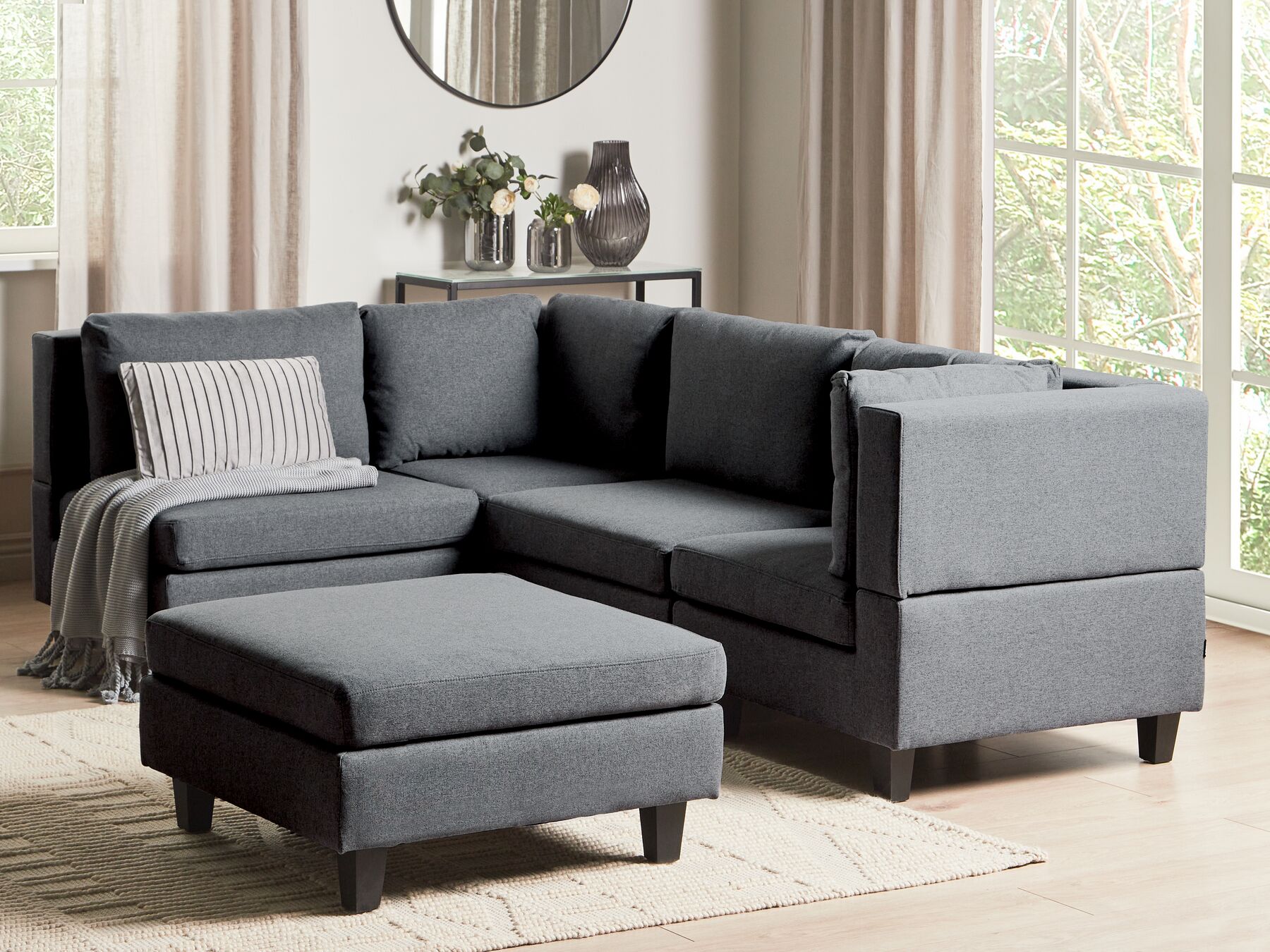 4 Seater Right Hand Modular Fabric Corner Sofa with Ottoman Dark Grey UNSTAD_924619